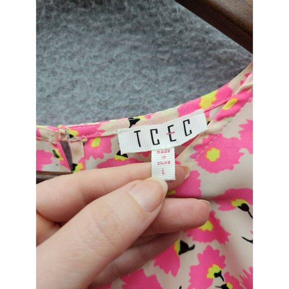 Floral Pink Puff Sleeve Blouse L TCEC 100% Polyester Womens Top - Picture 3 of 6